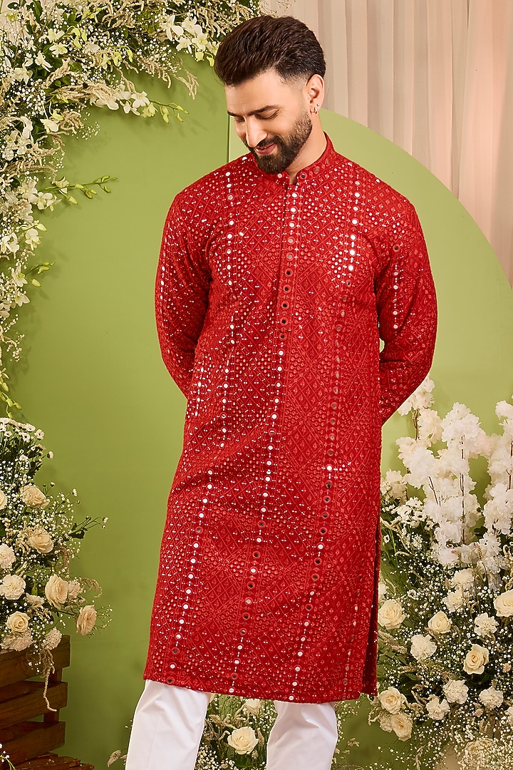 Red Silk Sequins Embroidered Kurta by Kasbah Clothing at Pernia's Pop Up Shop