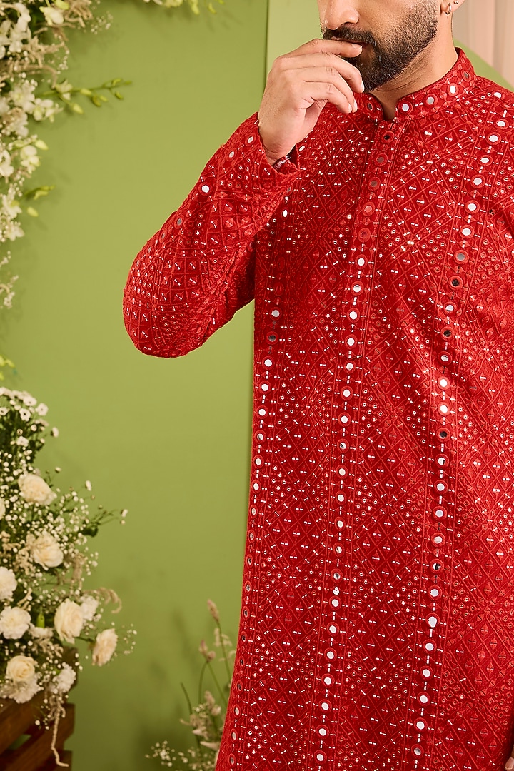 Red Silk Sequins Embroidered Kurta by Kasbah Clothing at Pernia's Pop Up Shop