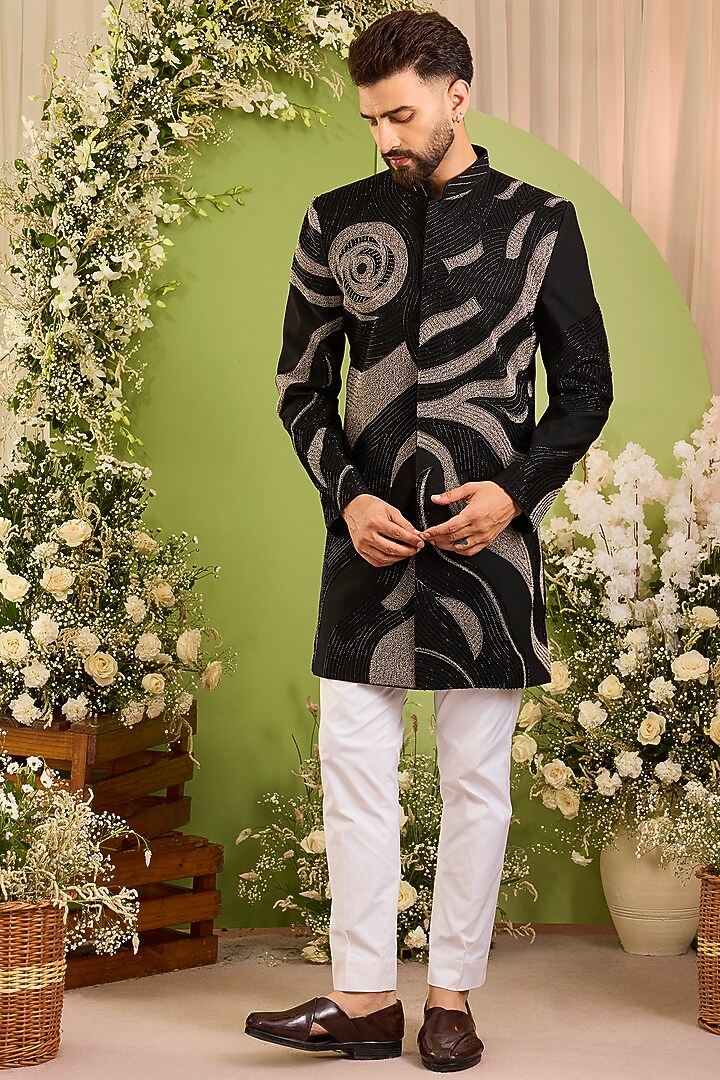Black Japanese Fabric Embellished Wedding Sherwani by Kasbah Clothing at Pernia's Pop Up Shop