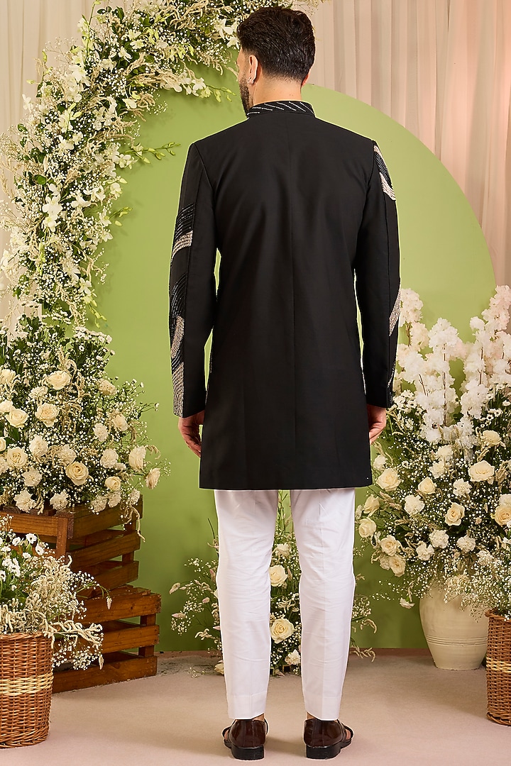 Black Japanese Fabric Embellished Wedding Sherwani by Kasbah Clothing at Pernia's Pop Up Shop