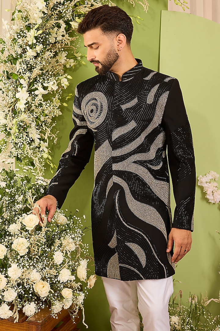 Black Japanese Fabric Embellished Wedding Sherwani by Kasbah Clothing at Pernia's Pop Up Shop
