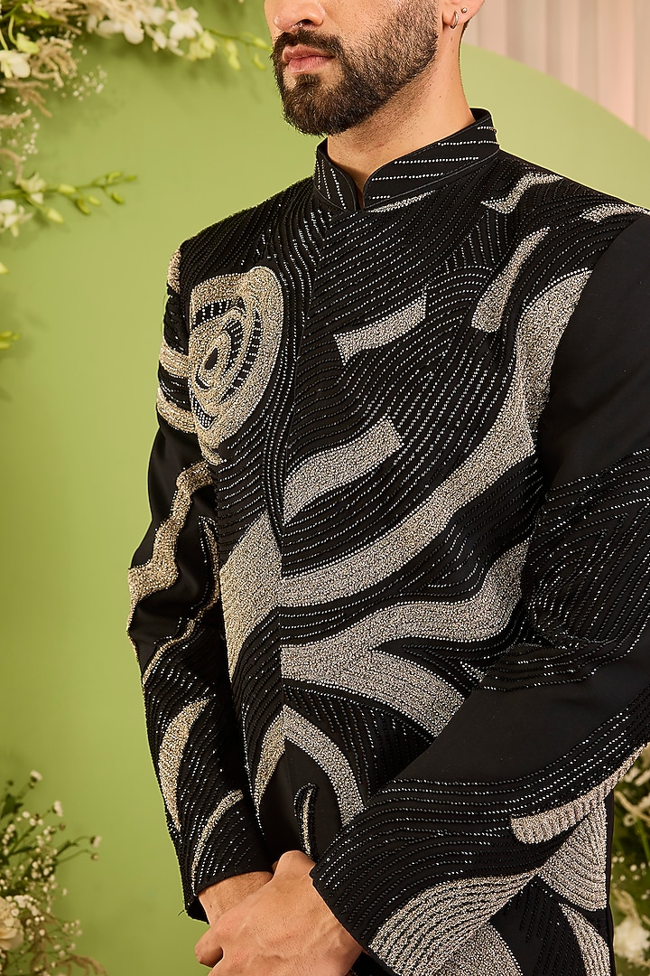 Black Japanese Fabric Embellished Wedding Sherwani by Kasbah Clothing at Pernia's Pop Up Shop