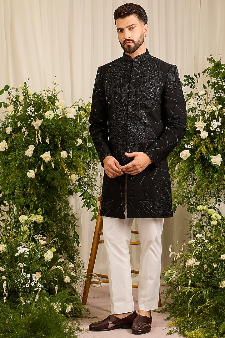 Black Japanese Fabric Hand Embroidered Wedding Sherwani by Kasbah Clothing at Pernia's Pop Up Shop