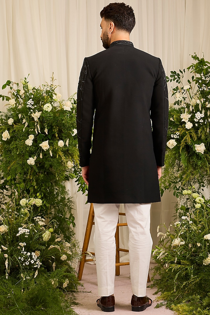 Black Japanese Fabric Hand Embroidered Wedding Sherwani by Kasbah Clothing at Pernia's Pop Up Shop