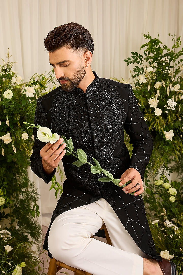 Black Japanese Fabric Hand Embroidered Wedding Sherwani by Kasbah Clothing at Pernia's Pop Up Shop