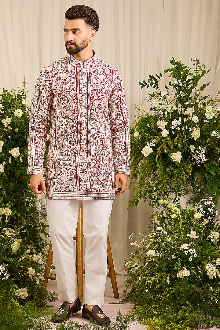Deep Red Georgette Threadwork Chikankari Short Kurta by Kasbah Clothing at Pernia's Pop Up Shop