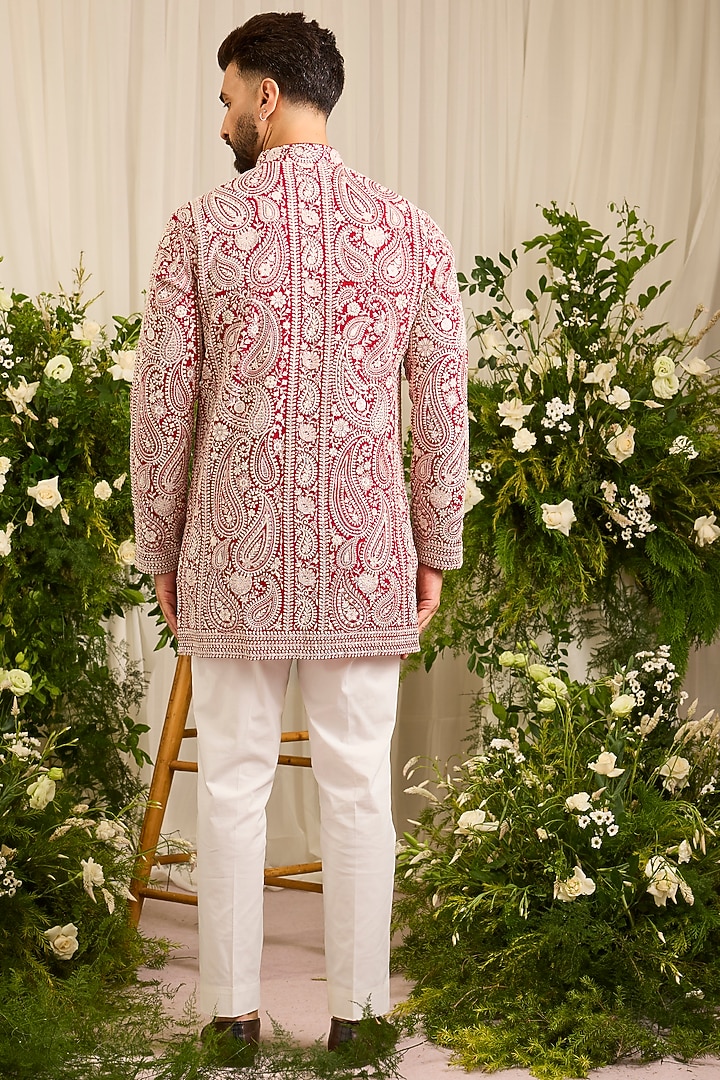 Deep Red Georgette Threadwork Chikankari Short Kurta by Kasbah Clothing at Pernia's Pop Up Shop