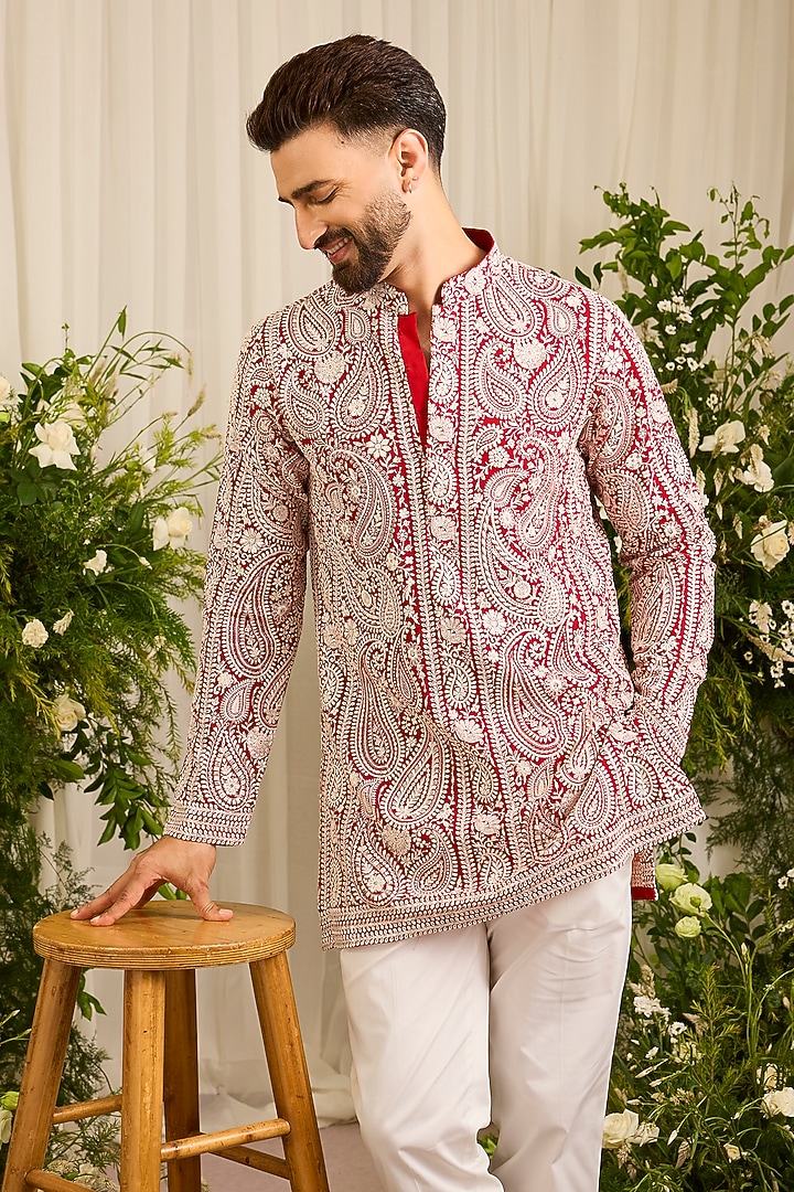 Deep Red Georgette Threadwork Chikankari Short Kurta by Kasbah Clothing at Pernia's Pop Up Shop