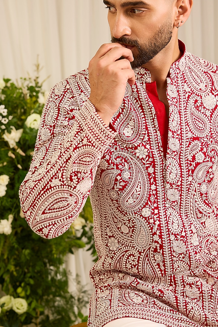 Deep Red Georgette Threadwork Chikankari Short Kurta by Kasbah Clothing at Pernia's Pop Up Shop