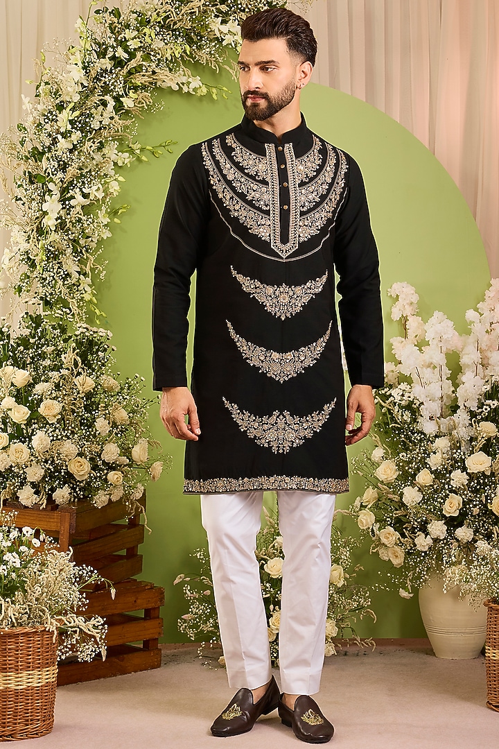 Deep Black Japanese Fabric Floral Embroidered Kurta by Kasbah Clothing at Pernia's Pop Up Shop