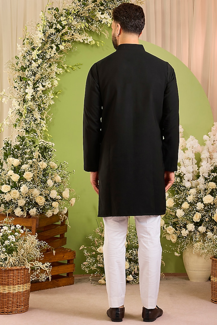 Deep Black Japanese Fabric Floral Embroidered Kurta by Kasbah Clothing at Pernia's Pop Up Shop