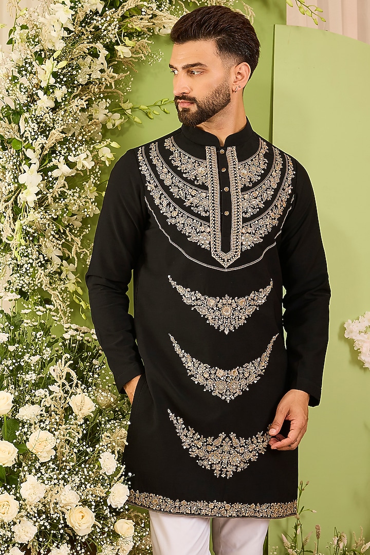 Deep Black Japanese Fabric Floral Embroidered Kurta by Kasbah Clothing at Pernia's Pop Up Shop