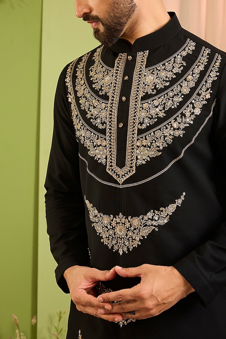 Deep Black Japanese Fabric Floral Embroidered Kurta by Kasbah Clothing at Pernia's Pop Up Shop