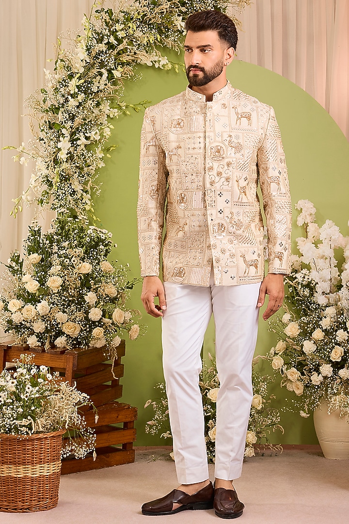 Gold Tissue Hand Embroidered Indowestern Wedding Bandhgala by Kasbah Clothing at Pernia's Pop Up Shop