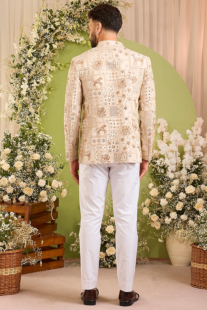 Gold Tissue Hand Embroidered Indowestern Wedding Bandhgala by Kasbah Clothing at Pernia's Pop Up Shop