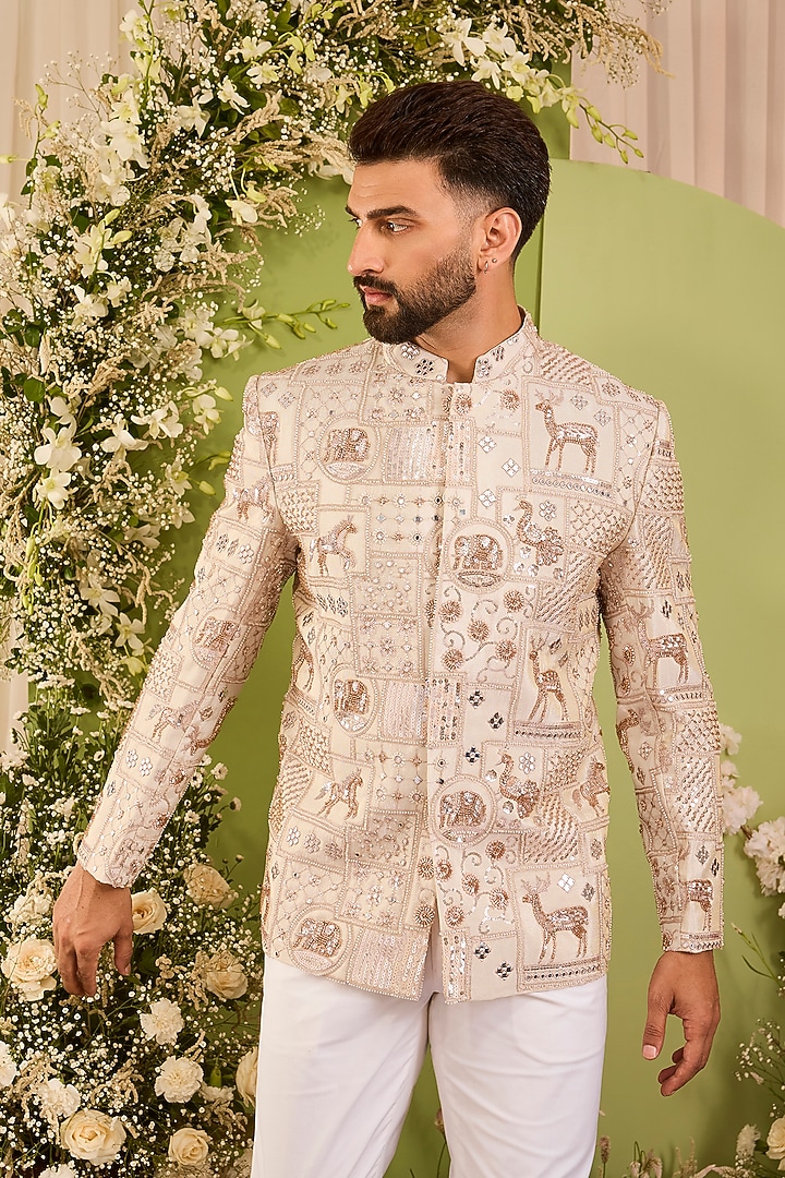Gold Tissue Hand Embroidered Indowestern Wedding Bandhgala by Kasbah Clothing at Pernia's Pop Up Shop