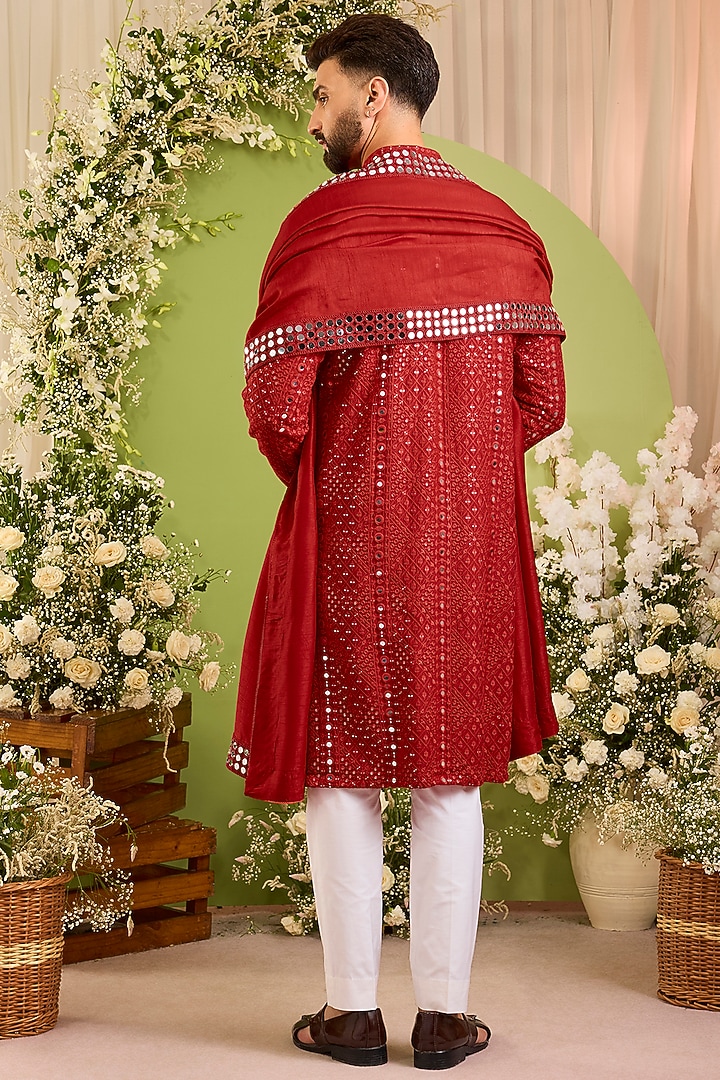 Red Silk Mirror Embellished Kurta With Stole by Kasbah Clothing at Pernia's Pop Up Shop
