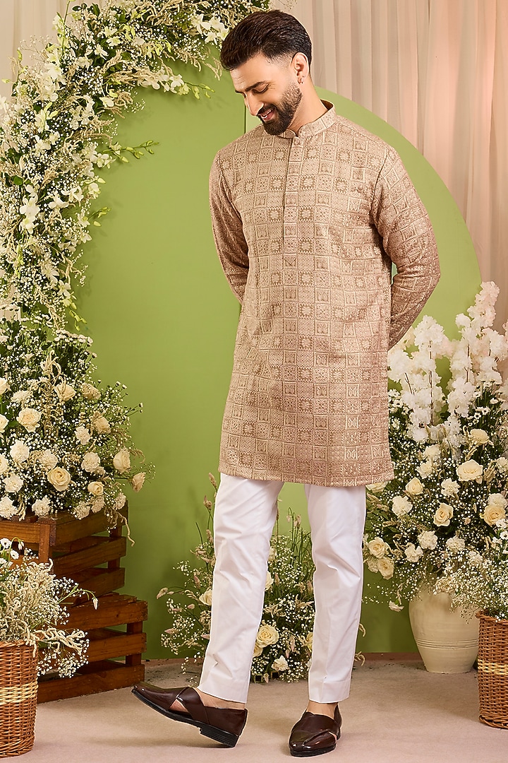 Brown Silk Threadwork Chikankari Short Kurta by Kasbah Clothing at Pernia's Pop Up Shop