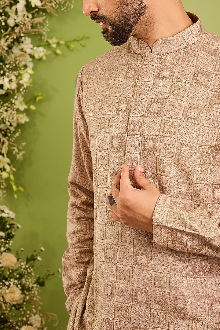 Brown Silk Threadwork Chikankari Short Kurta by Kasbah Clothing at Pernia's Pop Up Shop