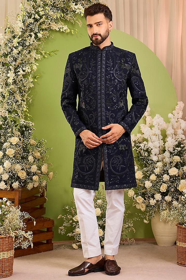 Navy Blue Japanese Fabric Hand Embroidered Wedding Sherwani by Kasbah Clothing at Pernia's Pop Up Shop