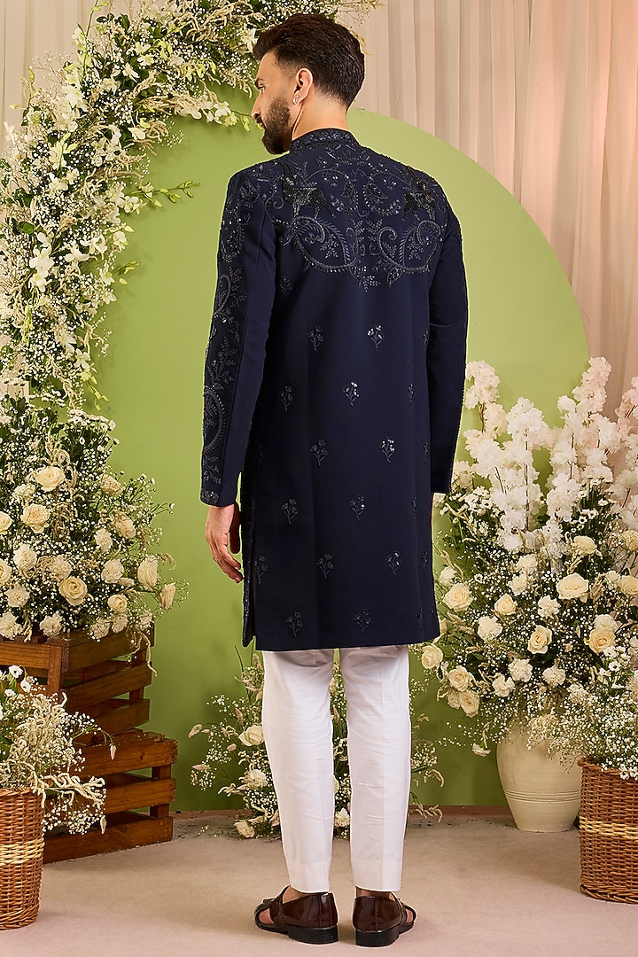 Navy Blue Japanese Fabric Hand Embroidered Wedding Sherwani by Kasbah Clothing at Pernia's Pop Up Shop