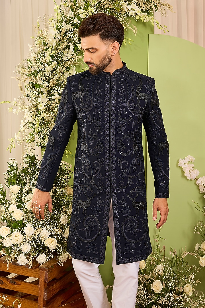 Navy Blue Japanese Fabric Hand Embroidered Wedding Sherwani by Kasbah Clothing at Pernia's Pop Up Shop