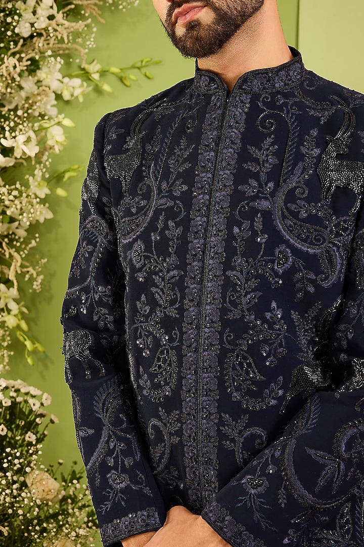 Navy Blue Japanese Fabric Hand Embroidered Wedding Sherwani by Kasbah Clothing at Pernia's Pop Up Shop