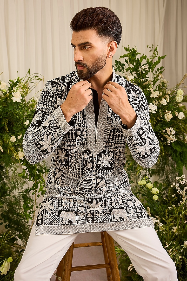 Black Georgette Sequins Embroidered Short Kurta by Kasbah Clothing at Pernia's Pop Up Shop