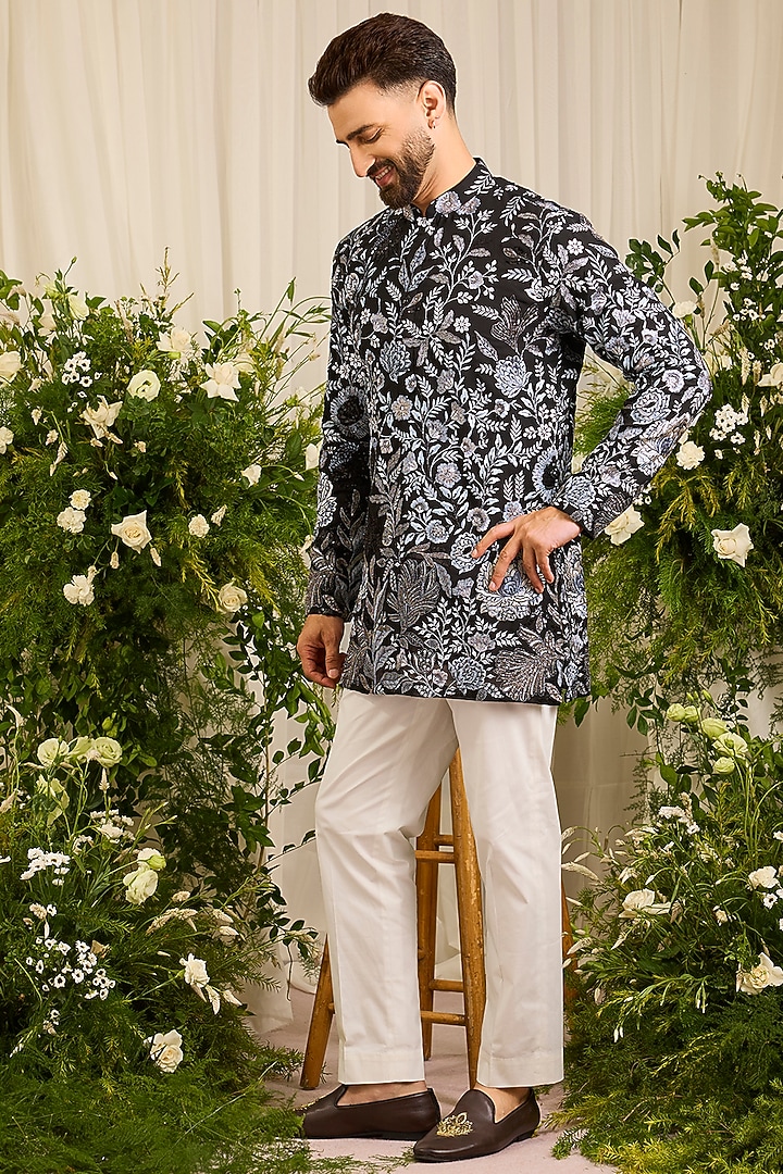 Black Georgette Thread Embroidered Short Kurta by Kasbah Clothing at Pernia's Pop Up Shop