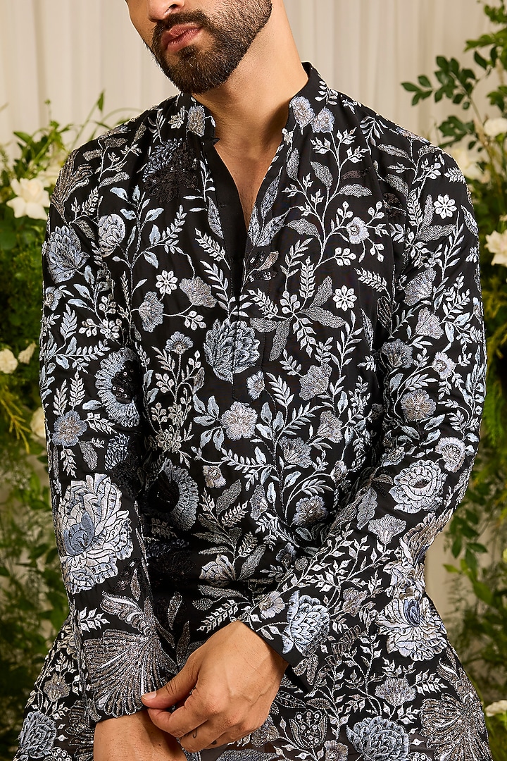 Black Georgette Thread Embroidered Short Kurta by Kasbah Clothing at Pernia's Pop Up Shop