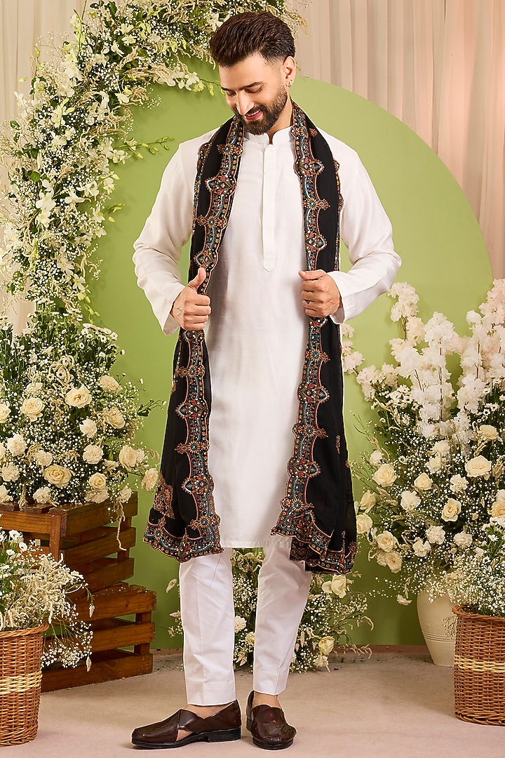 Black Georgette Chikankari Embroidered Stole by Kasbah Clothing at Pernia's Pop Up Shop
