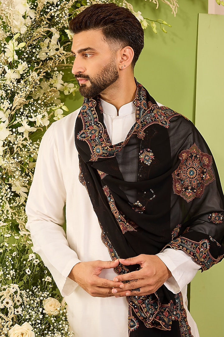Black Georgette Chikankari Embroidered Stole by Kasbah Clothing at Pernia's Pop Up Shop