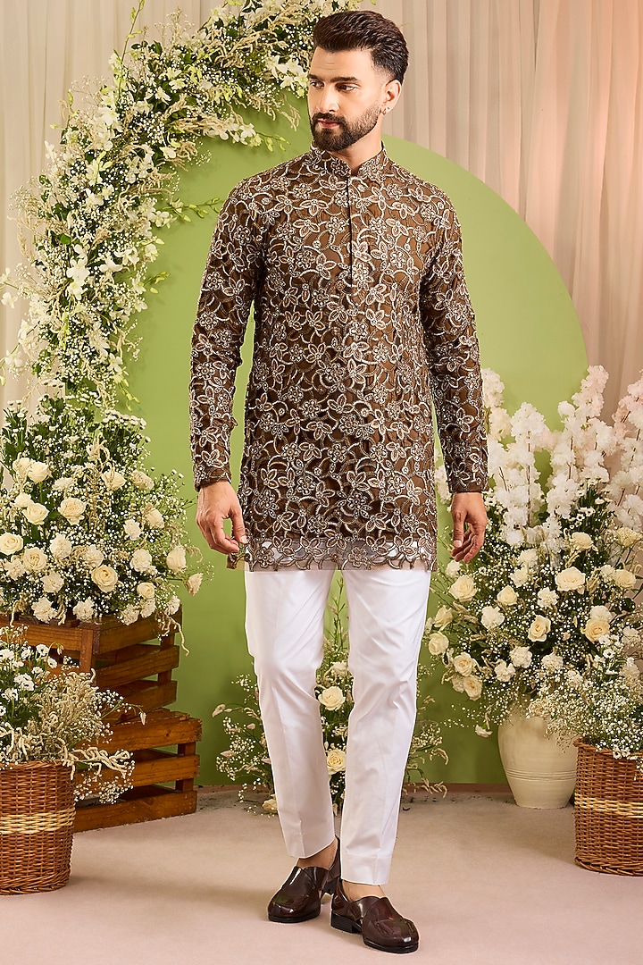 Brown Net Sequins Embroidered Kurta by Kasbah Clothing at Pernia's Pop Up Shop
