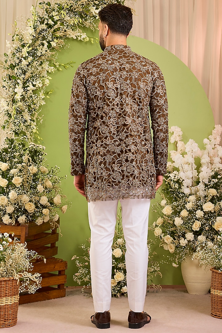 Brown Net Sequins Embroidered Kurta by Kasbah Clothing at Pernia's Pop Up Shop