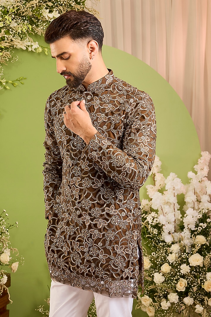 Brown Net Sequins Embroidered Kurta by Kasbah Clothing at Pernia's Pop Up Shop