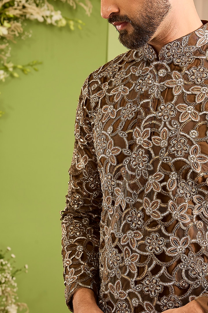 Brown Net Sequins Embroidered Kurta by Kasbah Clothing at Pernia's Pop Up Shop