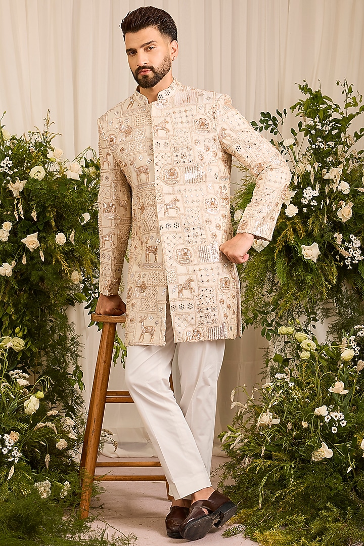 Gold Tissue Hand Embroidered Short Wedding Sherwani by Kasbah Clothing at Pernia's Pop Up Shop