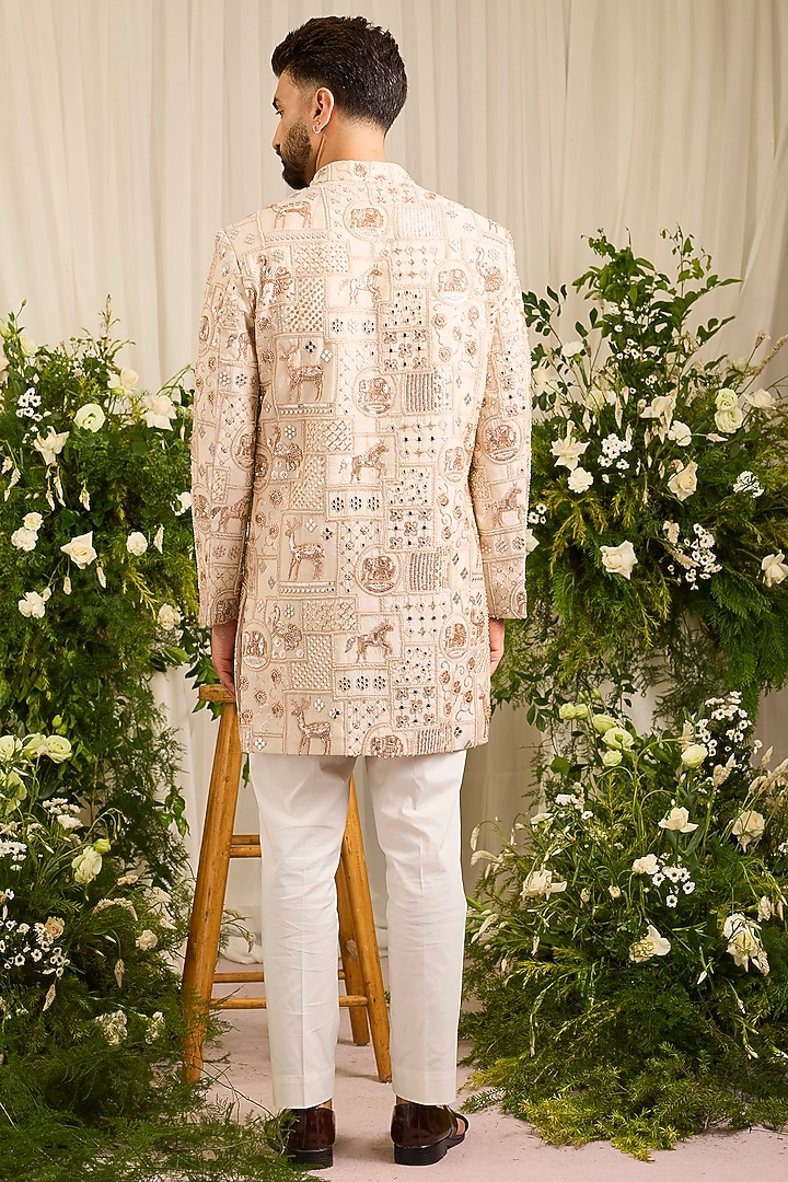 Gold Tissue Hand Embroidered Short Wedding Sherwani by Kasbah Clothing at Pernia's Pop Up Shop