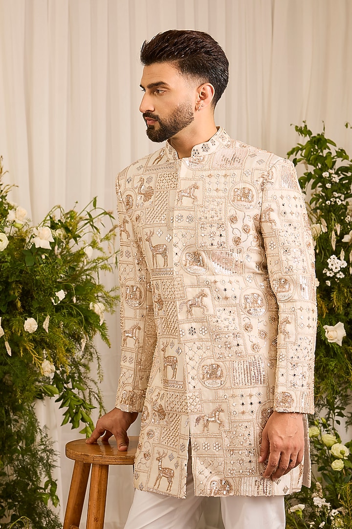 Gold Tissue Hand Embroidered Short Wedding Sherwani by Kasbah Clothing at Pernia's Pop Up Shop