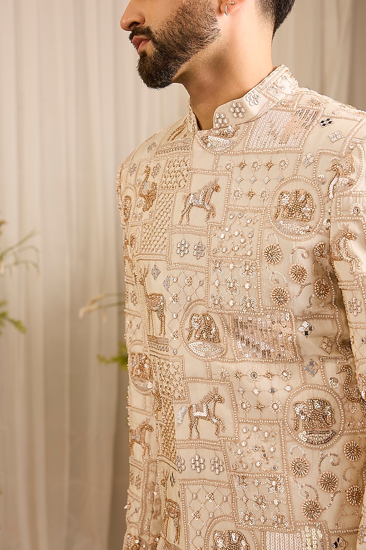 Gold Tissue Hand Embroidered Short Wedding Sherwani by Kasbah Clothing at Pernia's Pop Up Shop