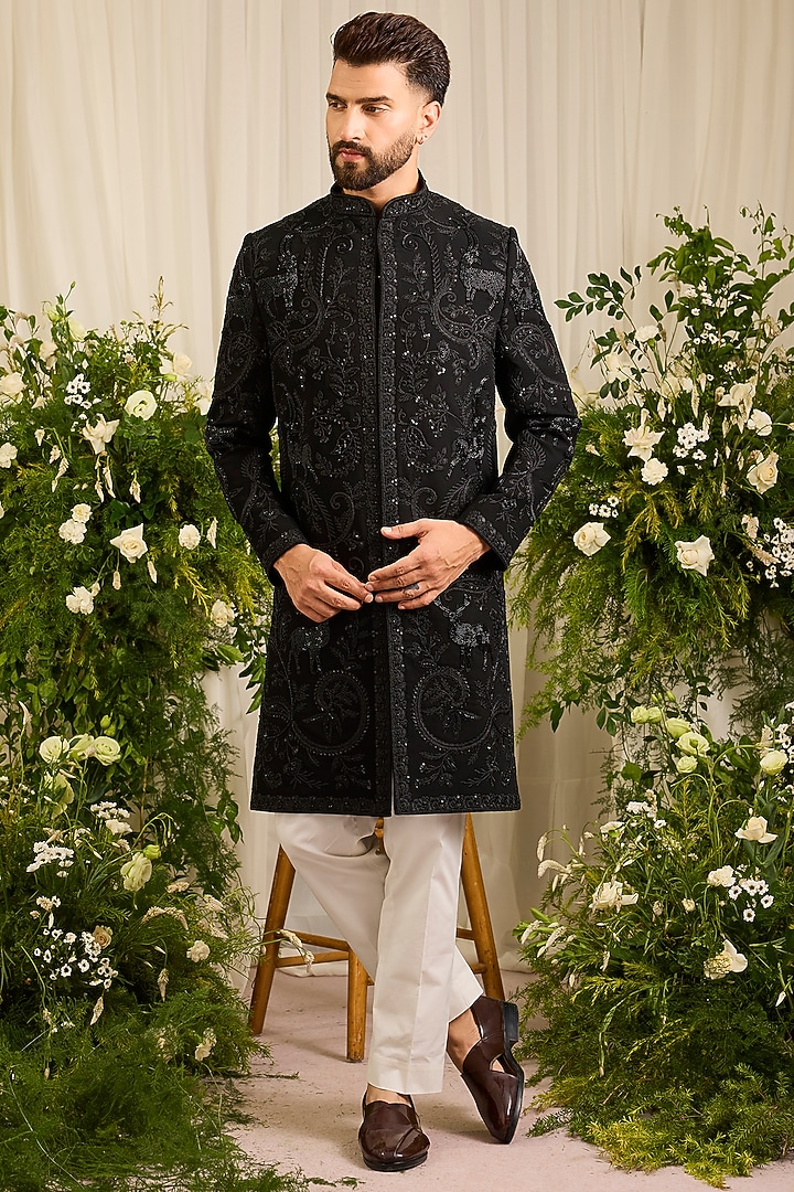 Black Japanese Fabric Hand Embroidered Wedding Sherwani by Kasbah Clothing at Pernia's Pop Up Shop