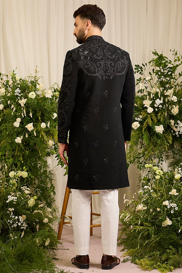 Black Japanese Fabric Hand Embroidered Wedding Sherwani by Kasbah Clothing at Pernia's Pop Up Shop