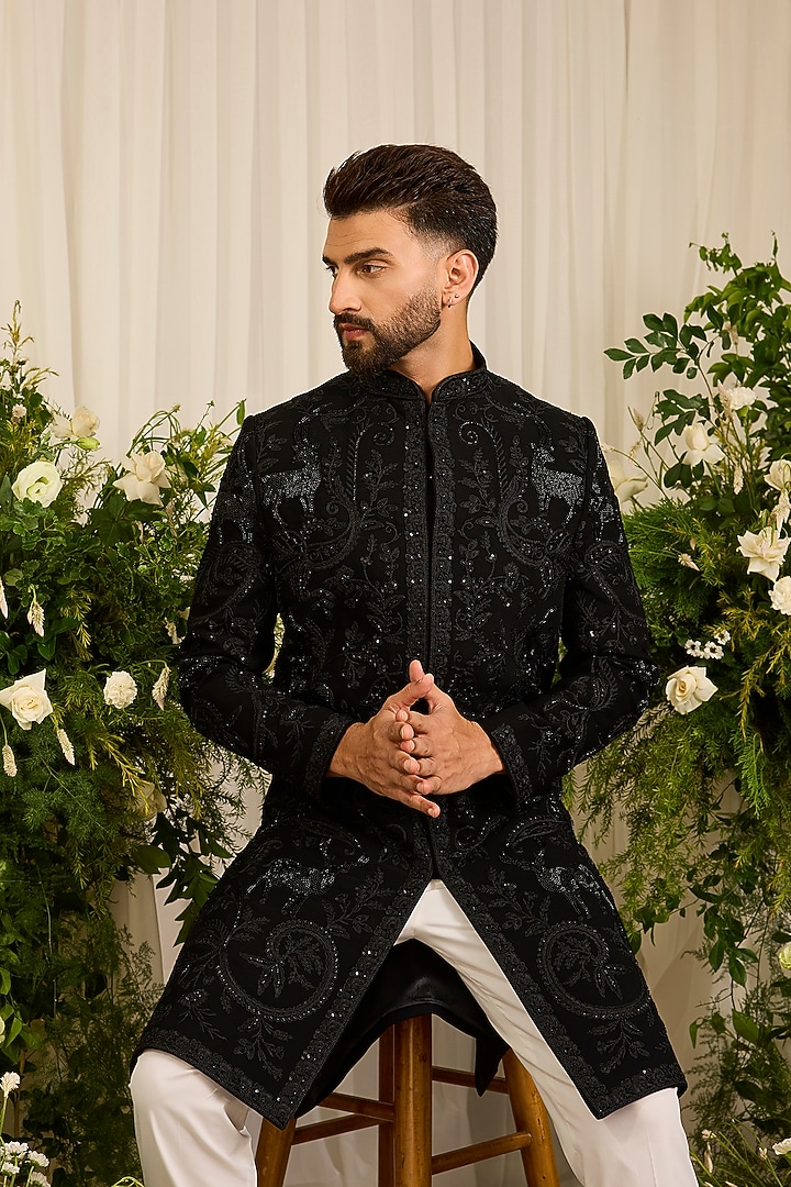 Black Japanese Fabric Hand Embroidered Wedding Sherwani by Kasbah Clothing at Pernia's Pop Up Shop