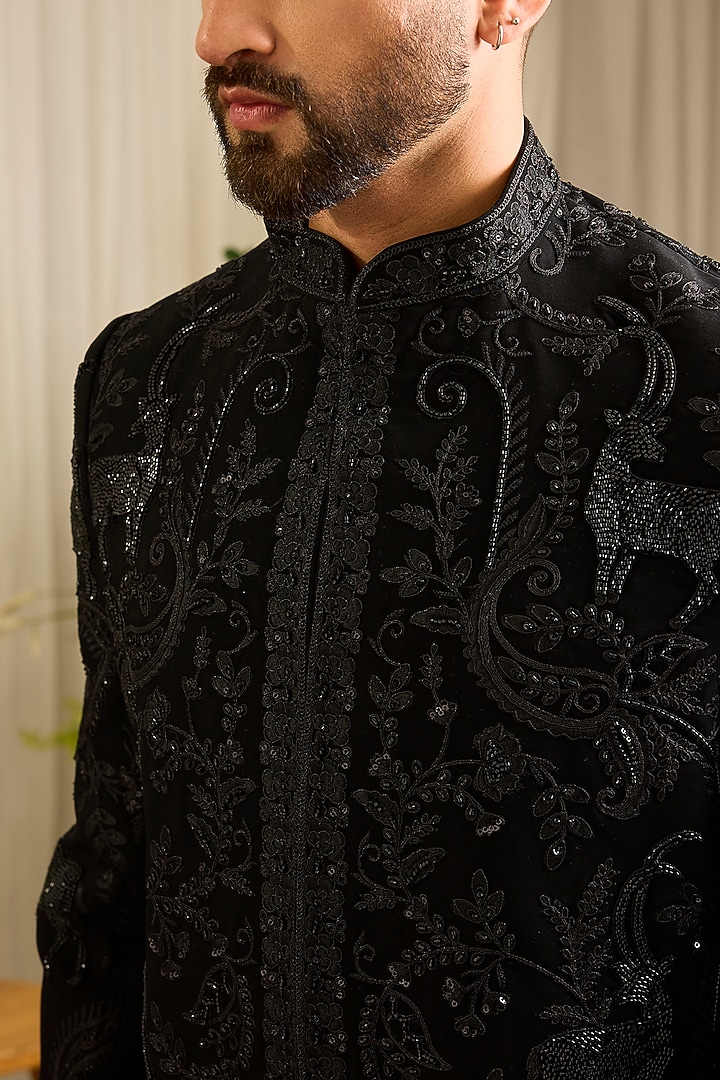 Black Japanese Fabric Hand Embroidered Wedding Sherwani by Kasbah Clothing at Pernia's Pop Up Shop