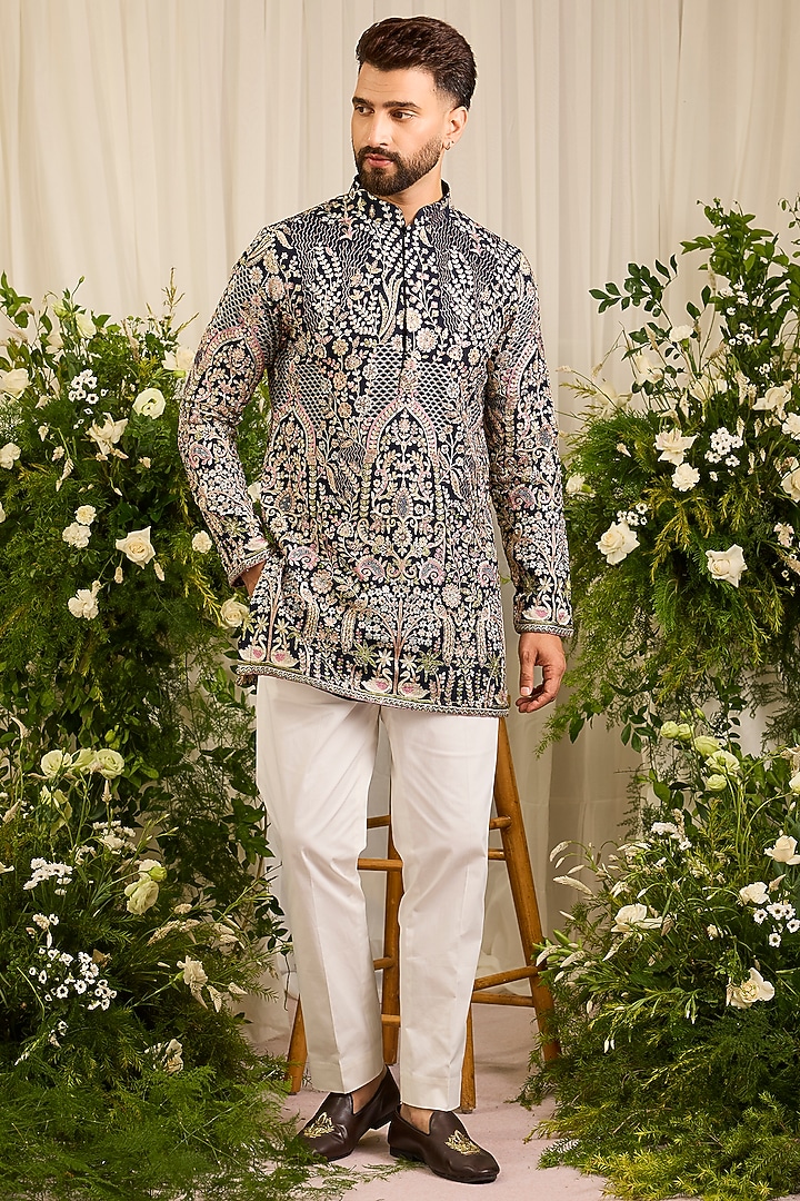 Navy Blue Georgette Threadwork Kurta by Kasbah Clothing at Pernia's Pop Up Shop