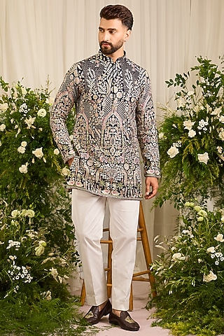 Navy Blue Georgette Threadwork Kurta by kasbah clothing