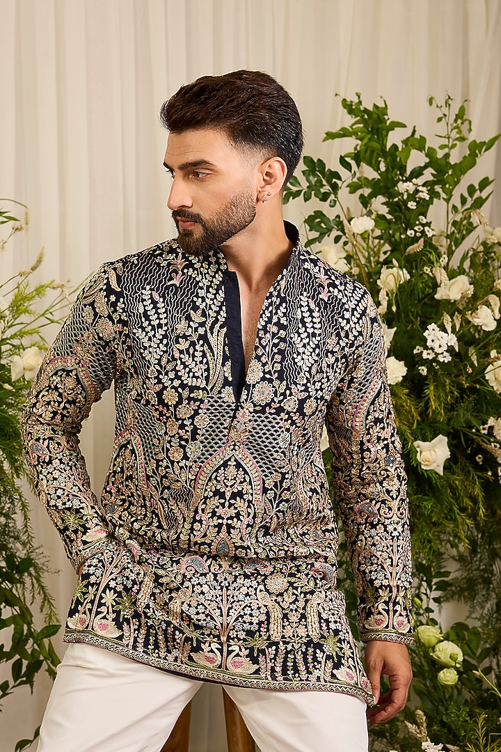 Navy Blue Georgette Threadwork Kurta by Kasbah Clothing at Pernia's Pop Up Shop