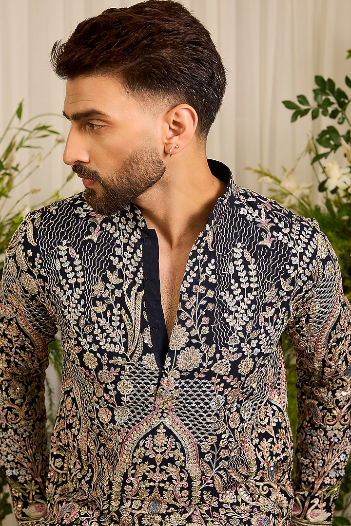 Navy Blue Georgette Threadwork Kurta by Kasbah Clothing at Pernia's Pop Up Shop