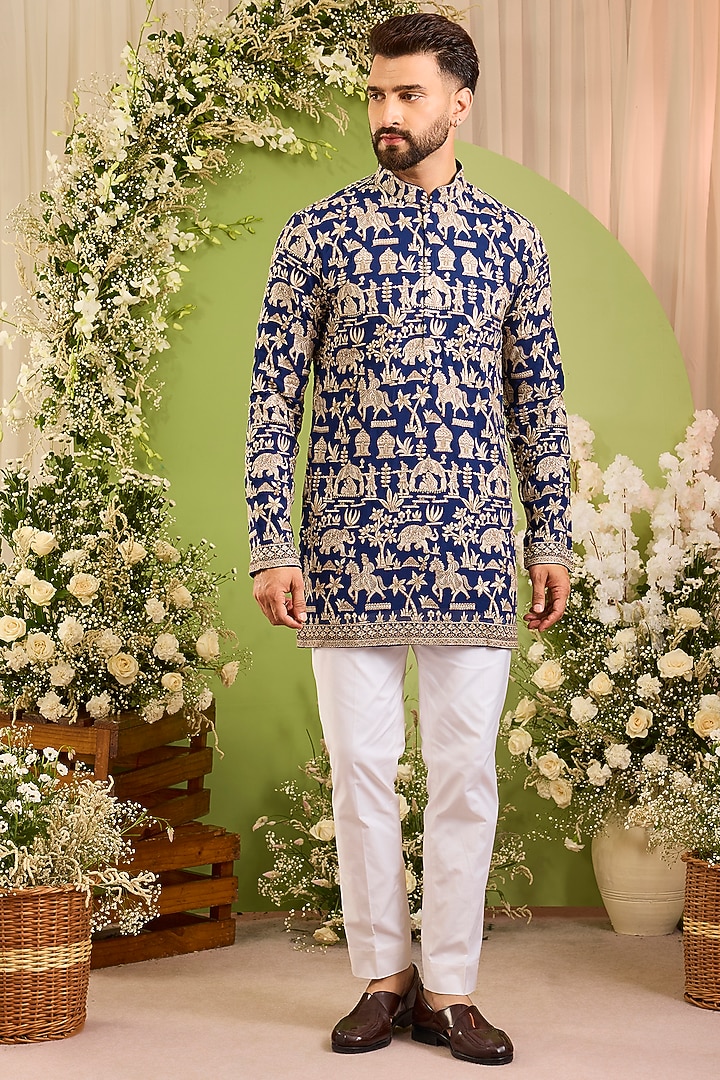 Deep Royal Blue Georgette Sequins Embroidered Kurta by Kasbah Clothing at Pernia's Pop Up Shop