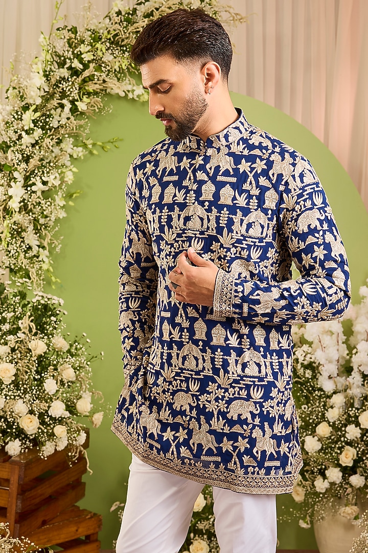 Deep Royal Blue Georgette Sequins Embroidered Kurta by Kasbah Clothing at Pernia's Pop Up Shop